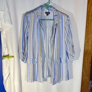 Messini Striped Open Front Blazer - Blue, White & Khaki, Size L, Linen & Rayon